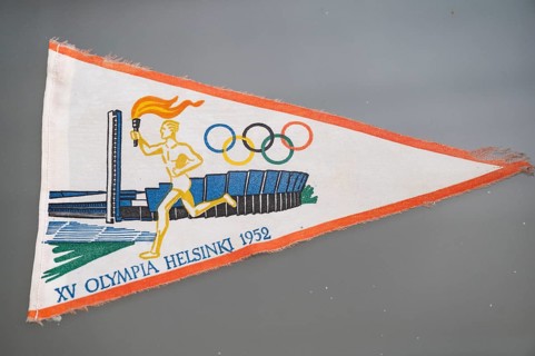 Runner with Olympic torch, Olympic rings, old flag or flag, 15th Olympic Games 1952, Olympic