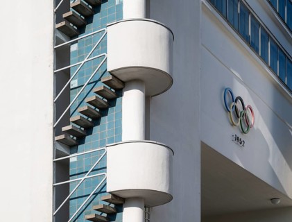Staircase, tower and Olympic rings 1952, Olympic Stadium or Finnish Olympic Stadium, architects