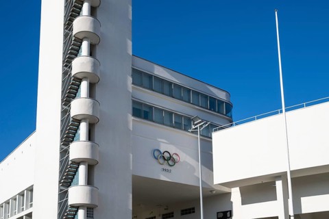 Stairway tower, Olympic rings 1952, Olympic Stadium or Finnish Olympic Stadium, architects Yrjö