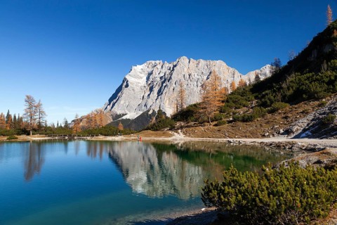 Seebensee with Zugspitze and Wetterstein Mountains in autumn, Alps, Tyrol, Austria
