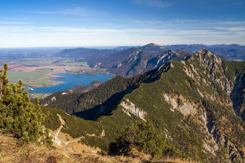 View from Heimgarten of Lake Kochel, Herzogstand and Benediktenwand, Upper Bavaria, Alps, Germany