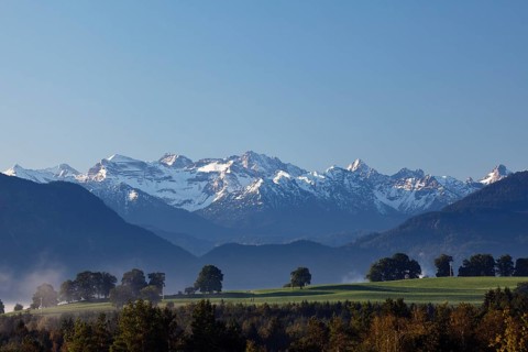 View of the Karwendel Mountains from Penzberg in morning light, Alps, Upper Bavaria, Germany