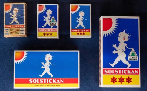 Matchboxes with traditional label motif Stolstickan or Solstickepojken, Sun Boy, designed in 1936