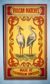 Historic label design, storks, Vulcan Matches Made at Tidaholm, Sweden, Tändsticksmuseet match