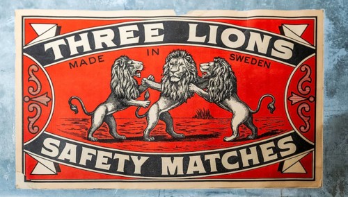 Historic label design, dancing lions and print Made in Sweden, Tändsticksmuseet match museum or