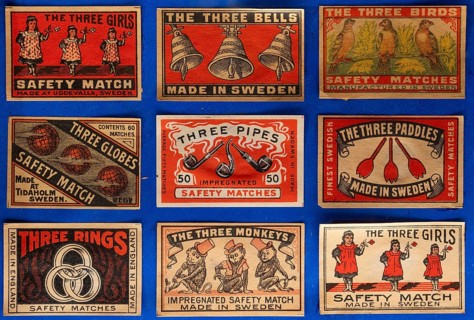 Matchboxes with old label design and different motifs, Made in Sweden, Tändsticksmuseet match