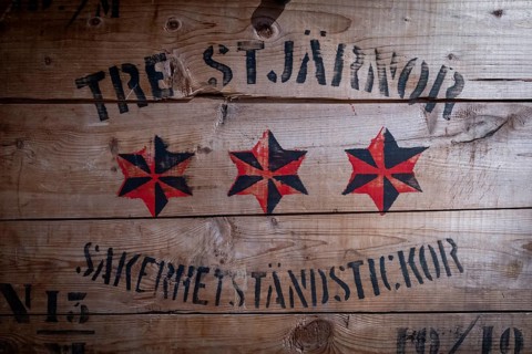 Safety matches printed on old wooden box, Tändsticksmuseet Match Museum or Match Museum, Jönköping,