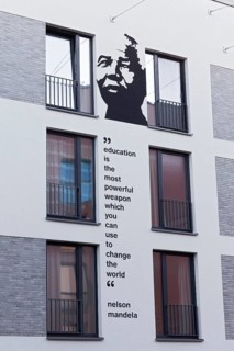 Nelson Mandela, portrait mural and quote of the Nobel Peace Prize winner at a student residence,
