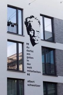 Albert Schweitzer, portrait mural and quote of the Nobel Peace Prize winner at a student residence,