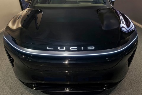 Lucid logo on Lucid Gravity electric SUV, showroom of the American brand for electric cars on the