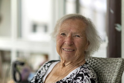 Smiling 86-year-old woman, retirement home, Jettingen, Baden-Württemberg, Germany