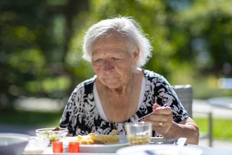 86-year-old woman having lunch, retirement home, Jettingen, Baden-Württemberg, Germany