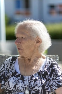 Thoughtful 86-year-old woman, retirement home, Jettingen, Baden-Württemberg, Germany