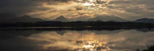 Sunset panorama, Hopfensee, Hopfen am See, near Füssen, Ostallgäu, Allgäu, Bavaria, Germany