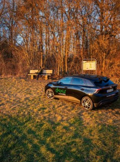 Black car parked on the edge of a forest next to a bench at sunset, MG4 electric car, deer e-car