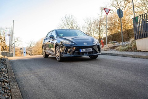 A black car at a junction surrounded by trees and road signs in sunlight, MG4 electric car, Deer