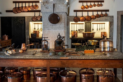 Copper pots and copper pans, kitchen of the palace Palácio Nacional da Pena, Sintra, Portugal