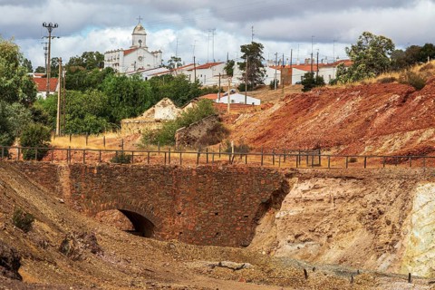 Mina de Sao Domingos, historic copper open-pit mine, houses of the village, Portugal