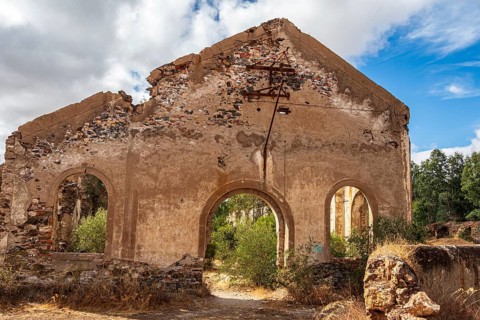 Ruins of former workshop halls, Mina de Sao Domingos, historic copper open-pit mine, Portugal