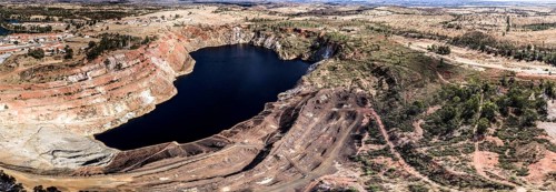 Panoramic aerial photograph, Mina de Sao Domingos, historic copper open-pit mine, aerial view,