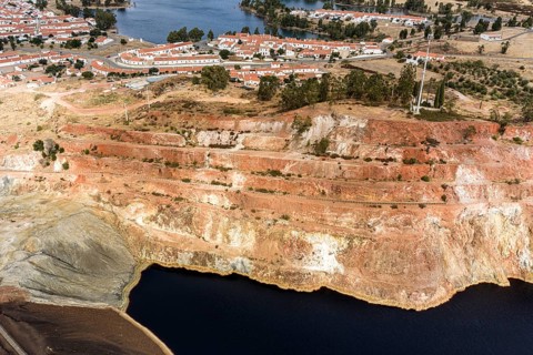 Houses of the village, on top of Mina de Sao Domingos, historic copper open-pit mine, Portugal