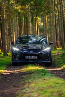 A dark car is parked frontally on a forest path, surrounded by tall trees, MG4 electric car, deer