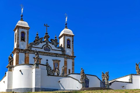 Historic baroque church facade in the Bom Jesus do Matosinhos sanctuary with the twelve prophets by