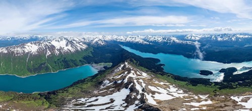 View of mountain landscape with turquoise blue fjord Sadie Cove and Tutka Bay, aerial view, Grace