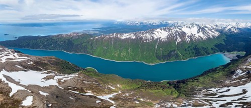 View of mountain landscape with turquoise blue fjord Sadie Cove, aerial view, Grace Ridge, Kachemak