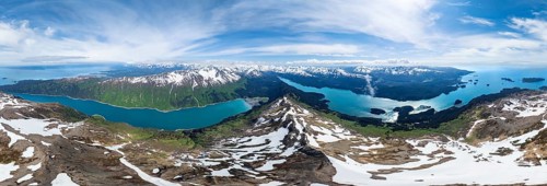 Panorama, view of mountain landscape with turquoise blue fjord Sadie Cove, aerial view, Grace