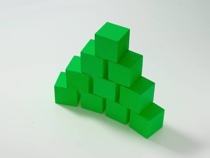 10 green wooden cubes against a white background