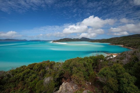 Sunny daytime view from Hill Inlet lookout over Whitehaven Beach, Whitsunday Island, Queensland,