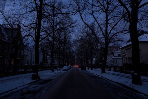 A dark and unlit street during a large-scale power outage in the Steglitz-Zehlendorf district,