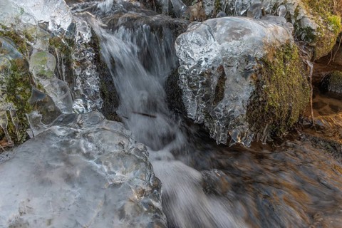 Branches are covered with ice near the river. The water flows gently and forms ice formations on
