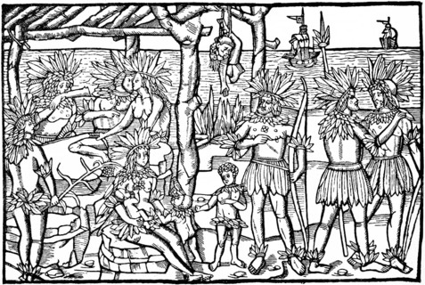 First depiction of the natives of the New World, sailors, ships, sea route to India, landing on