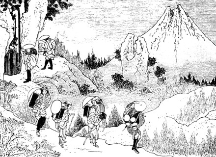 Japanese load carriers on a path in the mountains, stratovolcano, rocks, narrow path, arduous work,