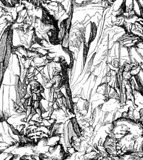 Alps at the time of Emperor Maximilian I (1459-1519), the young White King kills a chamois with a