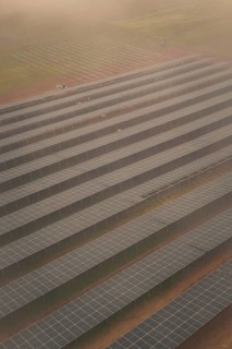 Arranged rows of solar panels on field, foggy atmosphere with structured pattern, energy