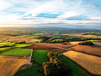 Colours of Devon Farms and Fields over Berry Pomeroy from a drone, Totnes, England, United Kingdom