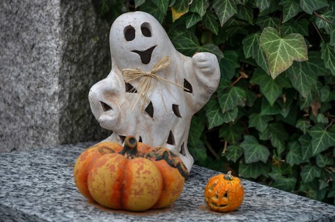 Ghost and pumpkin, Halloween decoration, Franconia, Bavaria, Germany