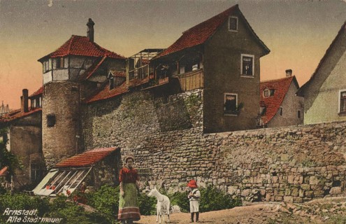 Old city wall in Arnstadt in Thuringia, Ilmkreis, Germany, postcard, view around 1900 - 1910,