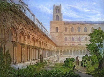 Benedictine monastery in Monreale, 1883, Sicily, Italy, school painting, authentic reproduction of