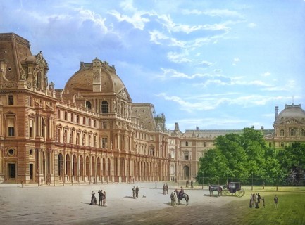 The Louvre in Paris in 1883, France, school painting, authentic reproduction of a school mural,