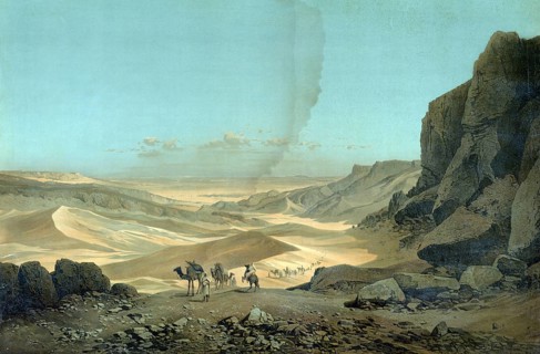 Camel caravan in the Sahara desert in Libya around 1890, school picture, authentic reproduction of