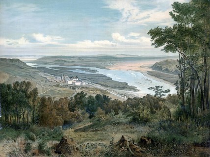 The Danube near Vienna, 1890, Austria, school painting, authentic reproduction of a school mural,