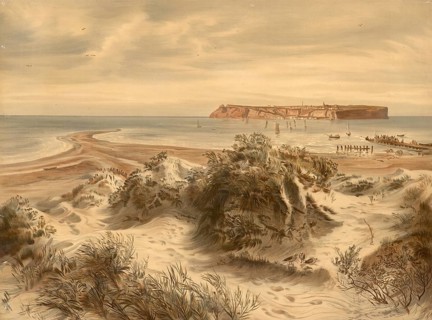 View across the dunes to Heligoland, 1890, North Sea, Germany, school painting, authentic