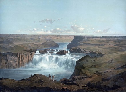 Landscape with canyons and Shoshonen waterfall, 1890, today Wyoming, America, school painting,