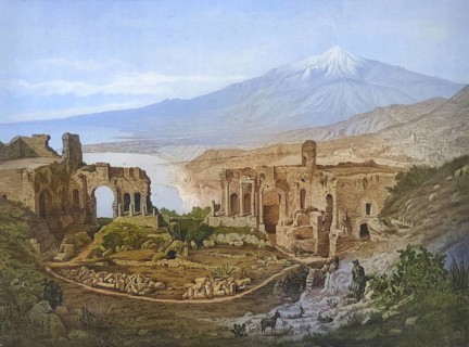 The Greek Theatre of Taormina with a view of Mount Etna, 1930, Sicily, Italy, school painting,