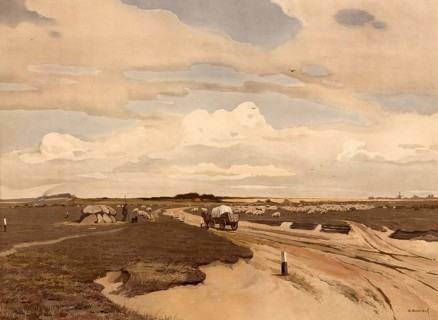 Heathland and flock of sheep, Tynaarlo, 1890, municipality in the Netherlands, province of Drenthe,