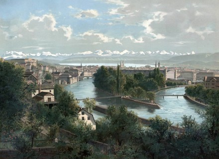 View of Zurich around 1900, Switzerland, authentic reproduction of a school mural, historical,